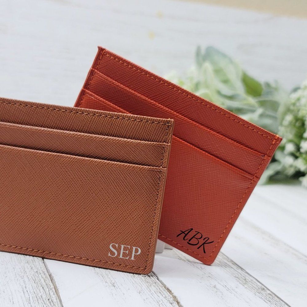 Orange Genuine Saffiano Leather Card Case Woman's Small Wallet FREE Monogram